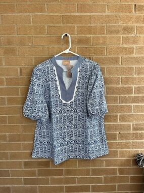 Blue Printed Women's Tunic Blouse with Contrast V-Neck